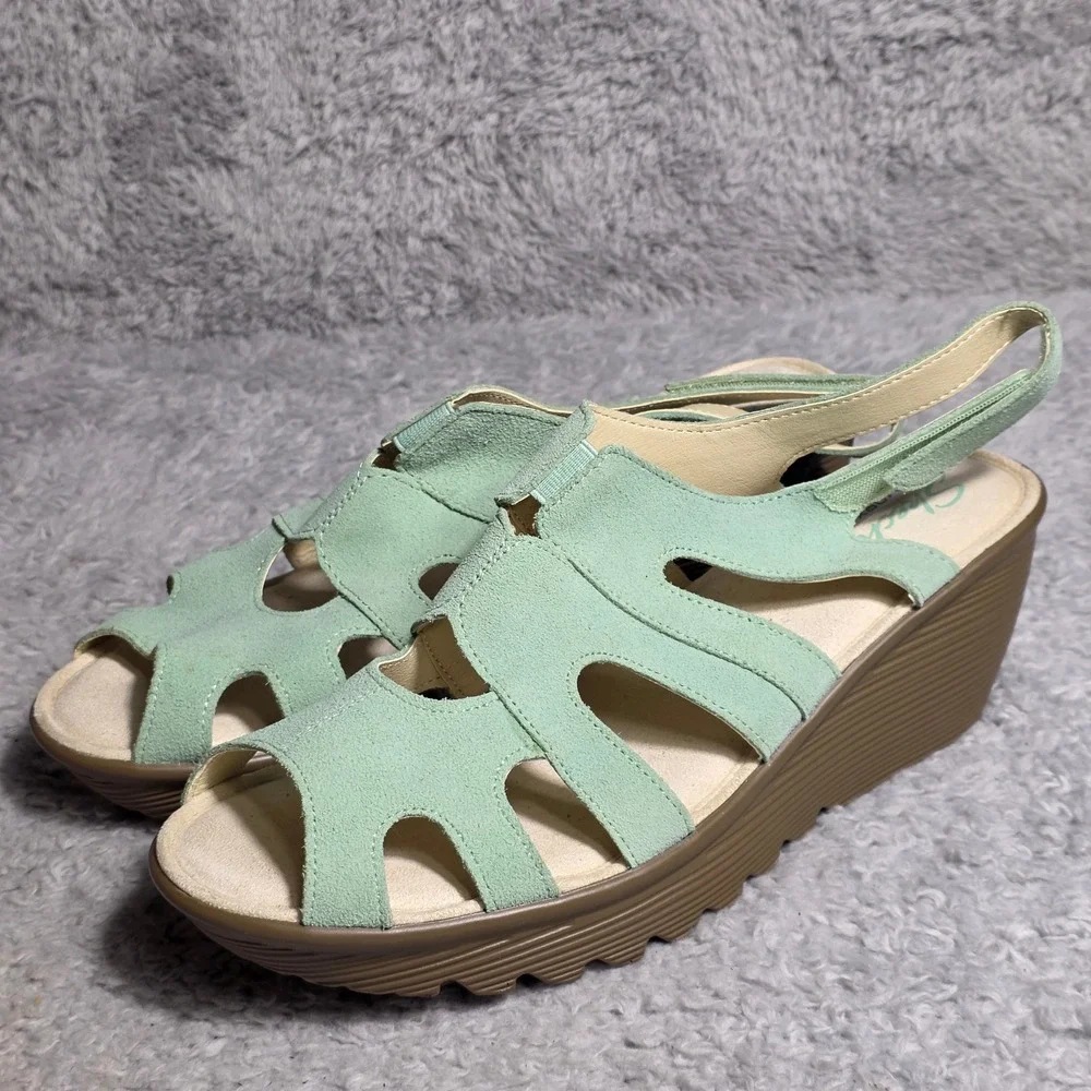 Skechers Wedge Sandals Mint Green Leather‎ Memory Foam Women 9.5 NEW